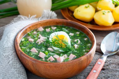 Geleneksel Rus soğuk yaz çorbası - sosis ve taze otlar, yatay bir kase