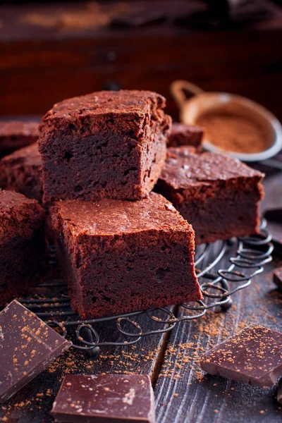 stock image Homemade brownies from dark chocolate, selective focus