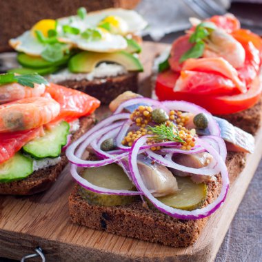 Tuzlanmış ringa balığı, salatalık, kırmızı soğan, çavdar ekmeği, seçici odak hardal ile açık sandviç