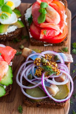 Tuzlanmış ringa balığı, salatalık, kırmızı soğan, çavdar ekmeği, seçici odak hardal ile açık sandviç