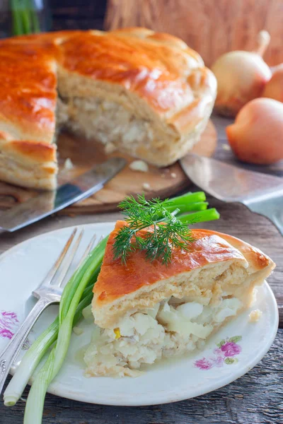 Closed yeast dough cake with fish, selective focus — Stock Photo, Image