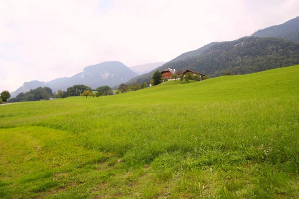 O prado verde com as casas nas montanhas . — Fotografia de Stock