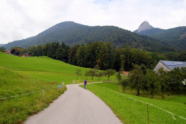 A estrada entre campos com as casas e as montanhas no fundo . — Fotografia de Stock