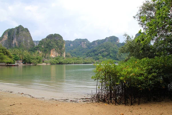 Het uitzicht op de Railay Beach met de mangrove bos, een zee en bergen. — Stockfoto