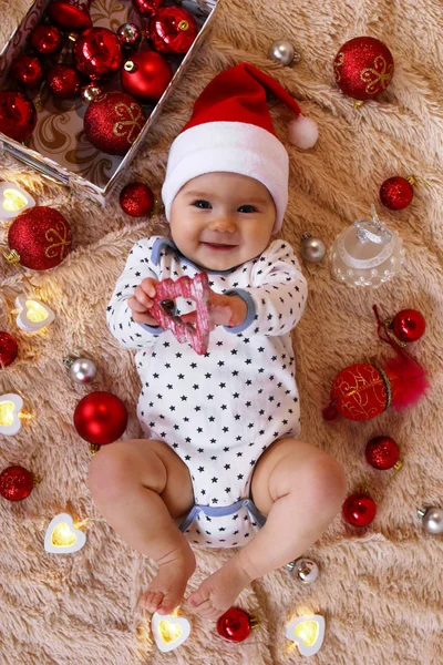 Beautiful Smiling Little Girl Santa Claus Red Hat Playing Wooden — Stock Photo, Image