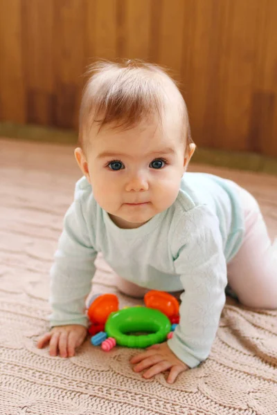 Bambina Seduta Plaid Maglia Beige Gioca Con Giocattolo Colorato Brillante — Foto Stock