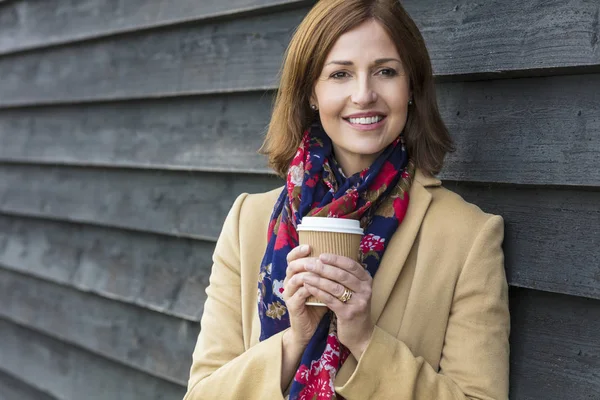 Happy Attractive Middle Aged Woman Drinking Coffee — Stock Photo, Image