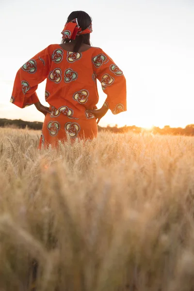 Afrikansk kvinna i traditionella kläder gå i ett fält av grödor — Stockfoto