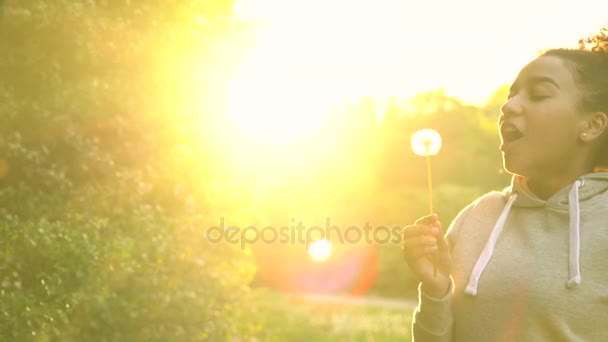 4K clipe de vídeo de bela raça mista feliz menina afro-americana adolescente jovem mulher rindo, sorrindo e soprando um dente de leão ao pôr do sol ou ao nascer do sol — Vídeo de Stock