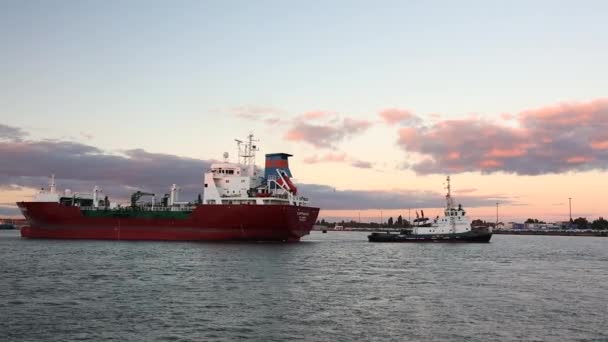 BREMERHAVEN HARBOUR - OCTOBER 5 2016: Et slæbefartøj sejler LPG tankskib Kappagas rundt i havnen, Bremerhaven, Tyskland – Stock-video
