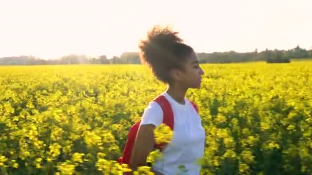 4K clipe de vídeo de bela raça mista feliz menina afro-americana adolescente mulher jovem caminhadas com mochila vermelha e beber uma garrafa de água no campo de sementes de colza flores amarelas — Vídeo de Stock