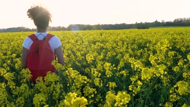 4K clipe de vídeo de bela raça mista feliz menina afro-americana adolescente mulher jovem caminhadas com mochila vermelha e beber uma garrafa de água no campo de sementes de colza flores amarelas — Vídeo de Stock