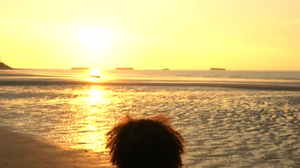 4K video clip de raza mixta chica afroamericana adolescente mujer joven sosteniendo una bandera estadounidense de estrellas y rayas en una playa al atardecer o al amanecer — Vídeo de stock