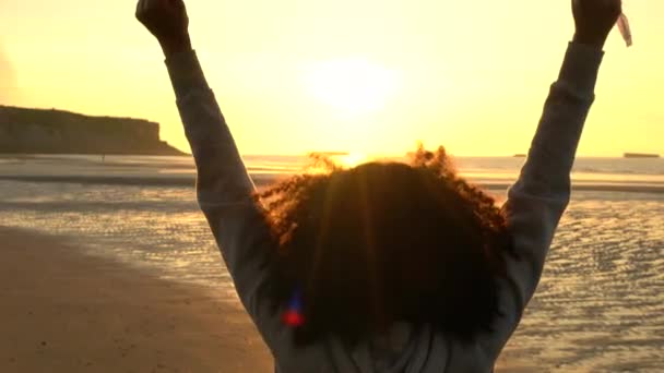 4k video klip yarış Afro-Amerikan kız bize bir Amerikalı yıldız tutan genç kadın genç kadın karışık ve günbatımı veya gündoğumu bir plajda çizgili bayrak — Stok video