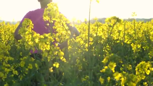 Mujer corriendo o trotando y de pie en el campo de flores amarillas — Vídeos de Stock