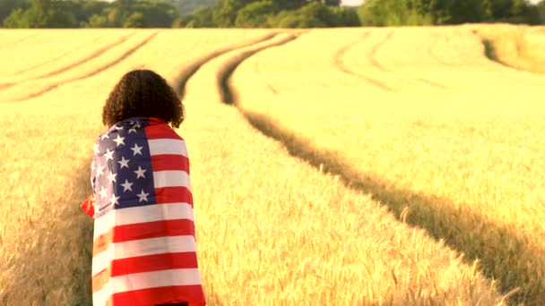 Chica afroamericana de raza mixta adolescente mujer joven envuelta en una bandera estadounidense de estrellas y rayas en un campo de trigo al atardecer o al amanecer — Vídeos de Stock