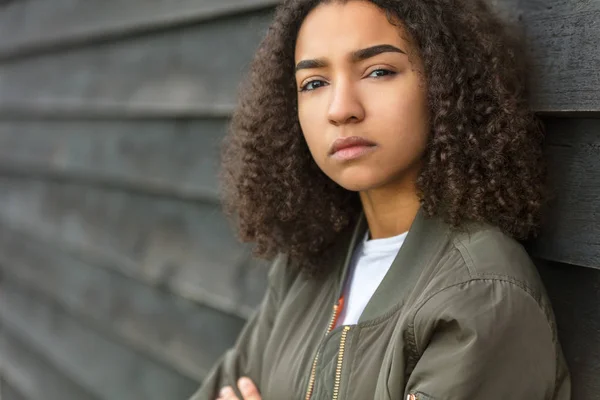 Sad Mixed Race African American Teenager Woman Green Bomber Jack — Stock Photo, Image