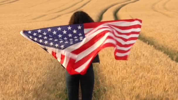 4K vídeo clipe de raça mista afro-americano menina adolescente mulher jovem segurando um americano EUA Estrelas e listras bandeira em um campo de trigo ao pôr do sol ou nascer do sol — Vídeo de Stock