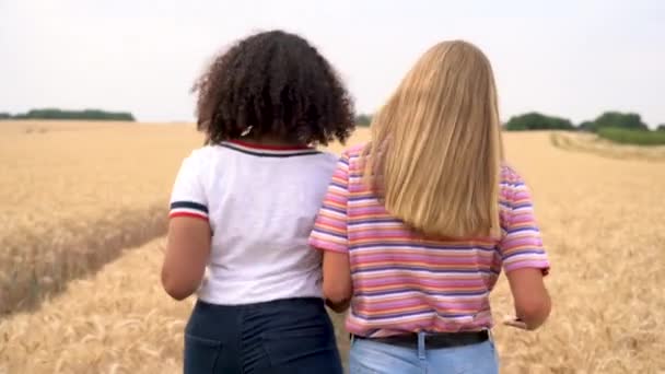 Όμορφη Ξανθιά Κοπέλα Και Μικτή Φυλή Έφηβες Νεαρές Γυναίκες Φορώντας — Αρχείο Βίντεο