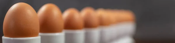 Bir Tablo Panorama Web Sancağında On Kaynamış Yumurta Fincanı Bir Satırda — Stok fotoğraf