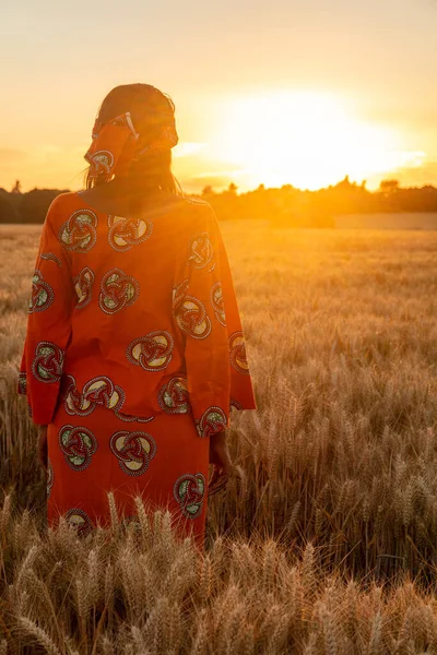 Afrikansk Kvinna Traditionella Kläder Stående Fält Korn Eller Vete Grödor — Stockfoto