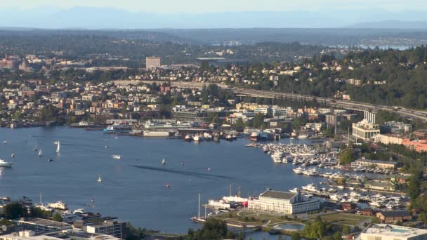 Vista Aérea Del Avión Flotador Despegando Desde Lake Union Seattle — Vídeo de stock