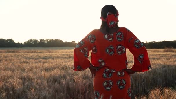 非洲日落或日出时穿着传统服装站在庄稼 小麦或大麦田里的Hd视频剪辑 — 图库视频影像