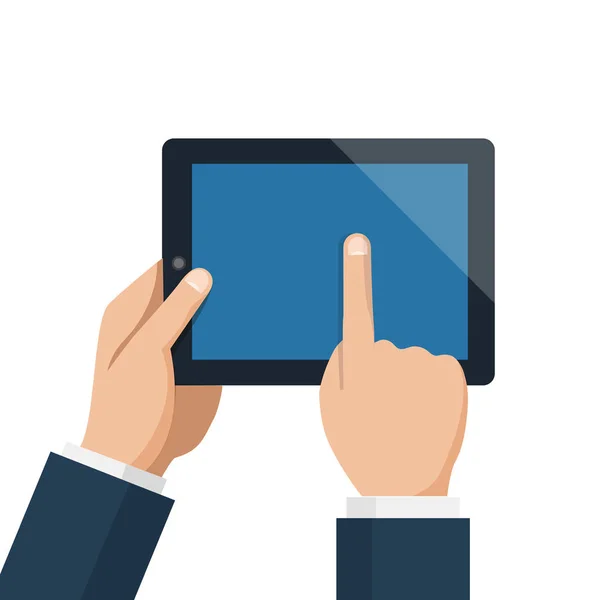 Biznesmen przytrzymaj tabletkę i wskazującego pusty niebieski ekran — Wektor stockowy