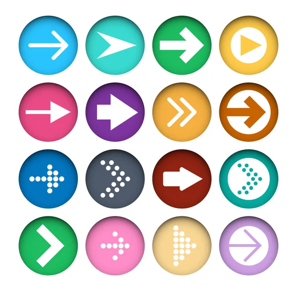 Set vettoriale di icone con frecce di colore diverso nei pulsanti di carta tagliata — Vettoriale Stock