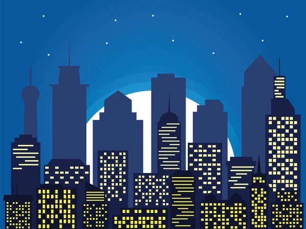 Natt silhuett i staden och fullmåne med stjärnor, cartoon s — Stock vektor