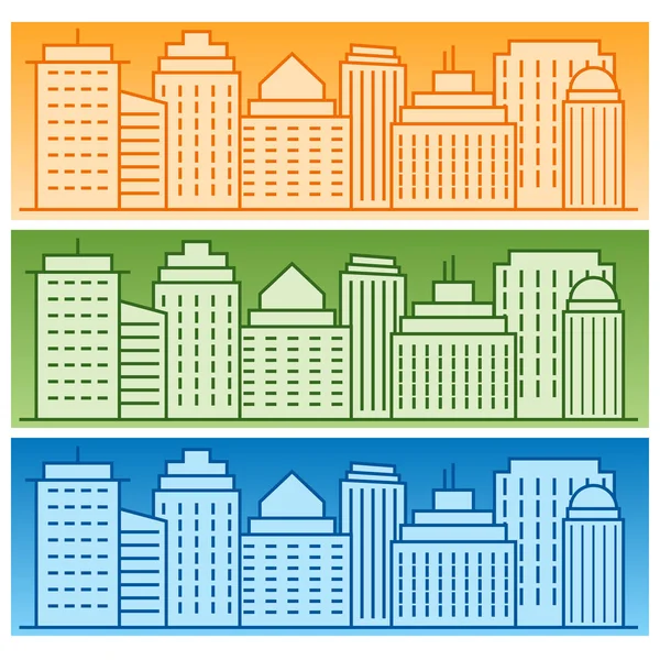 Set di banner vettoriali con sagome colorate lineari della città — Vettoriale Stock