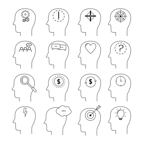Conjunto de iconos de actividad cerebral, estilo de línea delgada, diseño plano — Archivo Imágenes Vectoriales