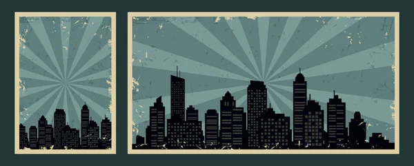 Bandeiras Vintage Retro Com Efeito Cityscape Grunge Scrached Quadrinhos Sujos — Vetor de Stock