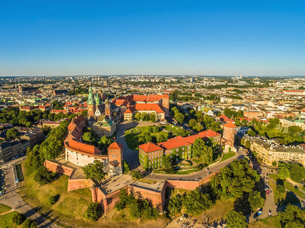 Krakow aerial view - old town. Cracow Landscape with the Castle and Wawel Cathedral.