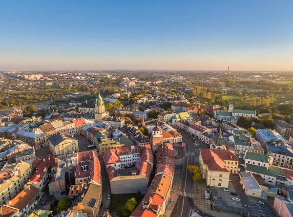 Lublin from the bird\'s eye view. Landscape of the old town with Trinitarian tower and Krakowska Gate.