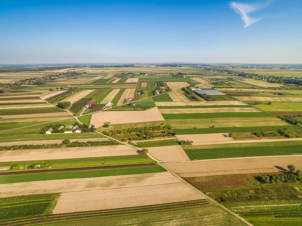 Kırsal manzara havadan görünümü. Yol alanlar arasında. Ürün alanları, ufka uzanan.