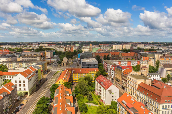 Szczecin - a bird's eye view of the city. Panorama of the city with horizon and sky.