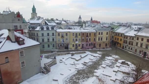 从鸟瞰图看 这座古城 在卢布林的冬天 Farze 广场和老城 从空中看到的著名地方和 Truistic — 图库视频影像