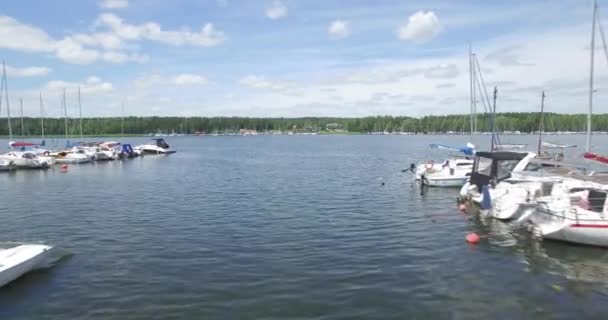Flygning Vid Sjön Småbåtshamn För Segelbåtar Polska Landskap Med Vatten — Stockvideo
