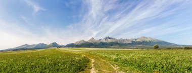 Dağlar ve muhteşem gökyüzü manzara. Slovakya - bir çayır, yatay ve ufukta Tatra Dağları.