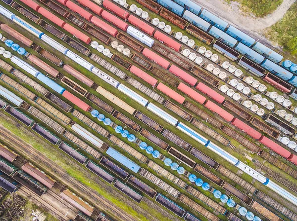 Railway Cars Lined Ranks Colorful Wagons Seen Bird Eye View — Stock Photo, Image