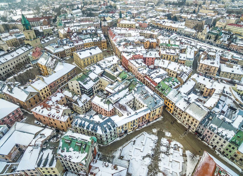 Lublin - winter in the old town. Po Farze Square and Grodzka Street in Lublin. Winter city landscape.