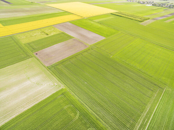 Spring, agricultural landscape of cultivated fields seen from the bird's eye view. Abstract background with colorful fields.