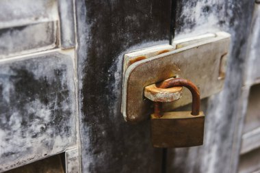 Paslı asma kilit. Metal kapı üzerinde. Kapalı kapı