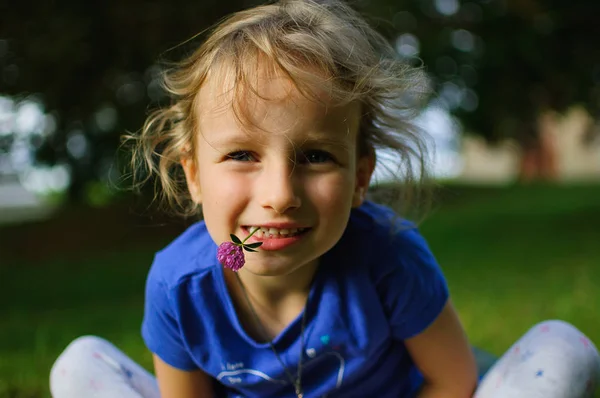 Kudrnatá dívka s světle hnědé vlasy a sedí na trávě. V ústech je držitelkou purple jetel květ. Dítě se usmívá, tak, že mléčné zuby lze považovat. — Stock fotografie