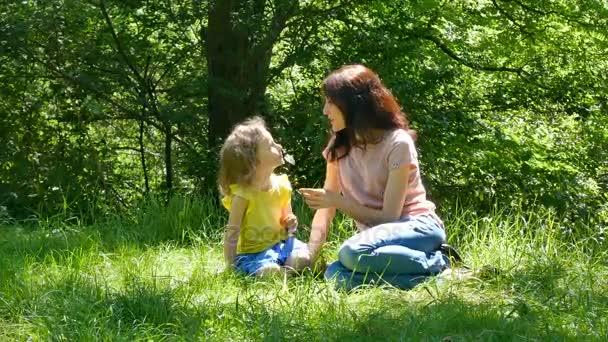 Щасливі матері і маленька дочка, граючи в парку, маючи пікнік на відкритому повітрі, сидячи на зеленій траві. Молода брюнетка досить розмовляє з милою дівчиною. — стокове відео