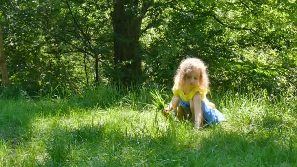 Kleines süßes blondes Mädchen in leuchtend gelbem Hemd und blauem Rock sitzt im Park auf dem grünen Gras und zupft es hoch. — Stockvideo
