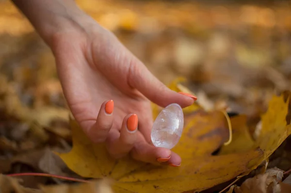 Female hand with orange manicure holding transparent violet amethyst yoni egg for vumfit, imbuilding or meditation on yellow fallen leaves background during autumn day outdoors