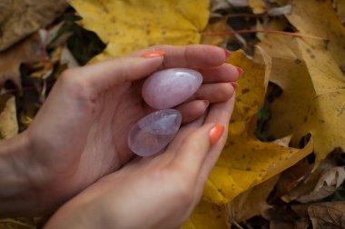Turuncu manikürlü bir kadın elinde pembe kuvarstan yapılmış iki yoni yumurtası ve sonbaharda düşen sarı yapraklar üzerinde vumfit, imbuilding veya meditasyon için saydam menekşe ametist taşıyor.