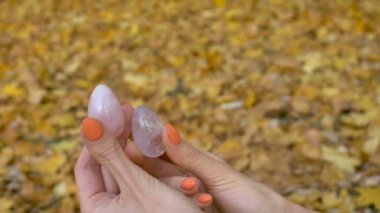 Turuncu manikürlü bir kadın elinde pembe kuvarstan yapılmış iki yoni yumurtası ve sonbaharda düşen sarı yapraklar üzerinde vumfit, imbuilding veya meditasyon için saydam menekşe ametist taşıyor.